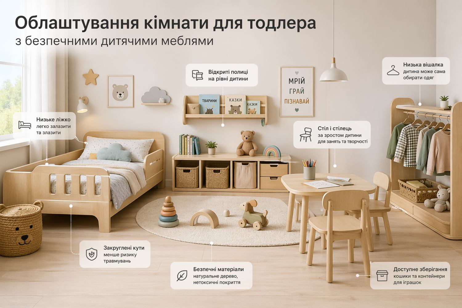 Облаштування кімнати для тодлера з безпечними дитячими меблями