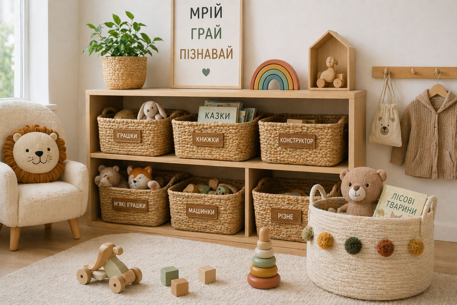 Кошики для іграшок у кімнаті тодлера