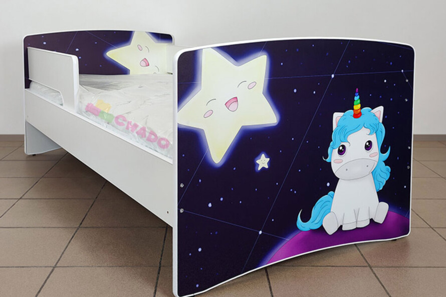 Ліжко для дівчинки з бортиком та шухлядою Кіндер Кул 13 Єдиноріжок / KINDER-COOL