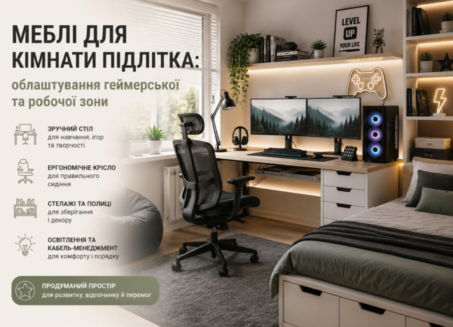 Меблі для кімнати підлітка: геймерська та робоча зона
