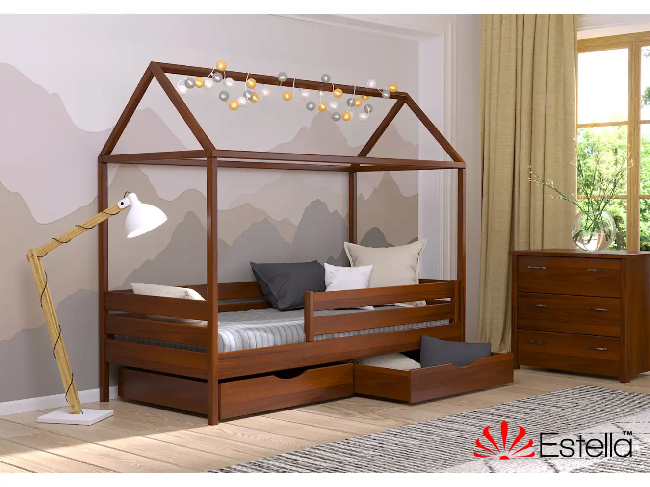 Кровать Домик Амми (бук) Цвет Орех Светлый + Белый