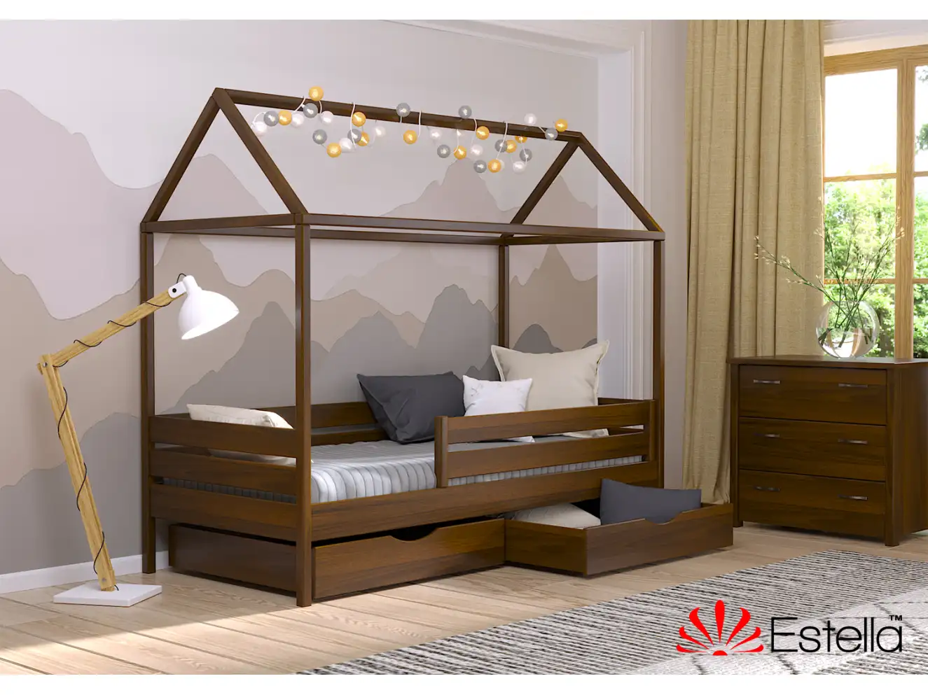 Кровать Домик Амми (бук) Цвет Орех Светлый + Белый