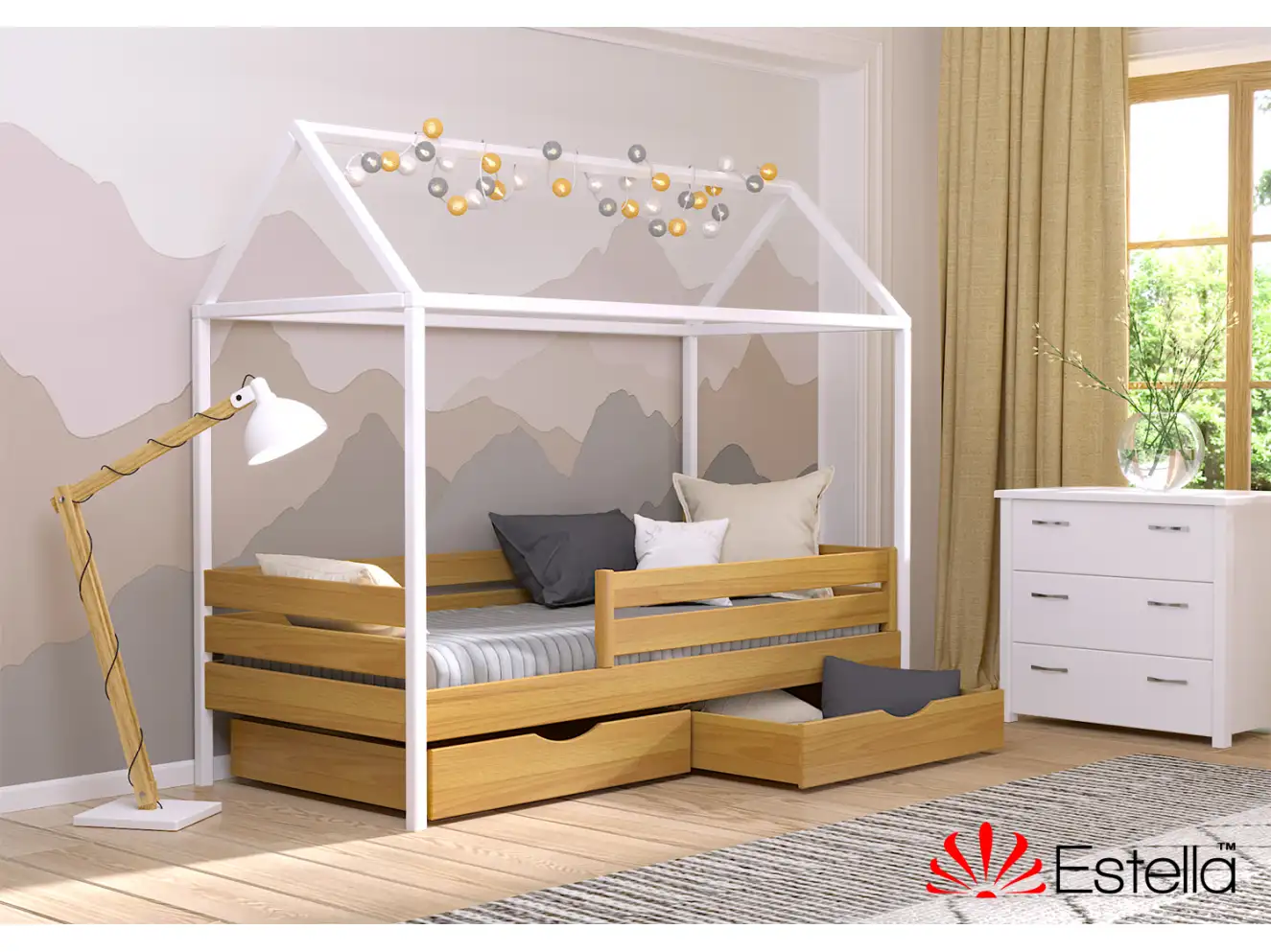 Кровать Домик Амми (бук) Цвет Орех Светлый + Белый