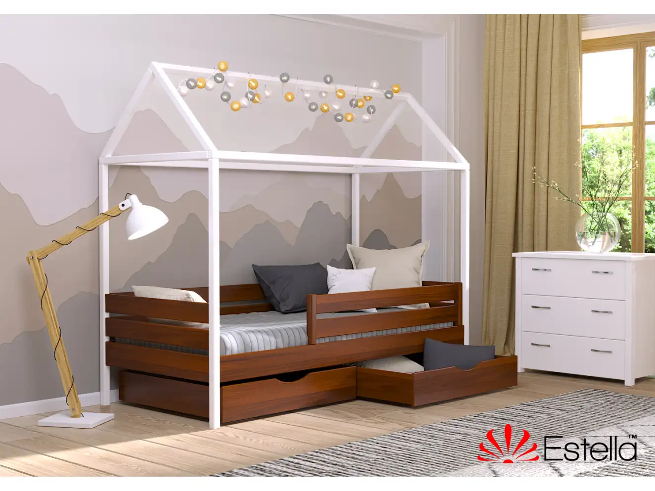 Кровать Домик Амми (бук) Цвет Орех Светлый + Белый