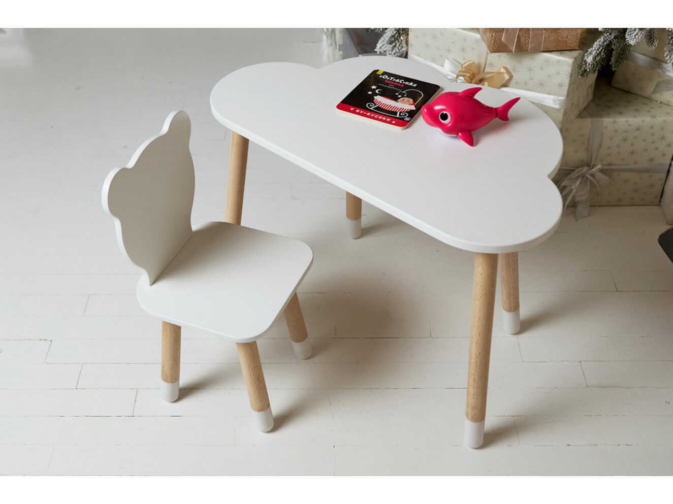 Комплект дитячий столик хмарка і стільчик ведмедик / Білий