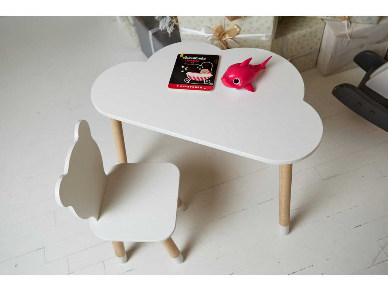 Комплект дитячий столик хмарка і стільчик ведмедик / Білий