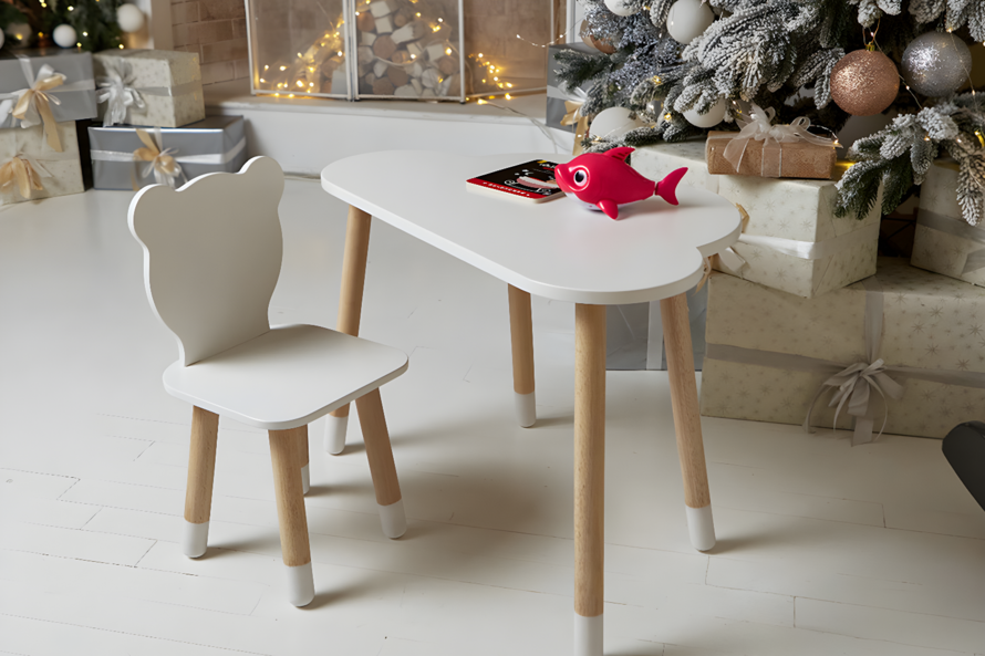 Комплект детский столик тучка и стульчик мишка / Белый