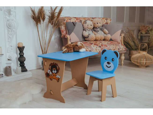 Комплект дитячий стільчик ведмежа та столик-парта з малюнком / Синій