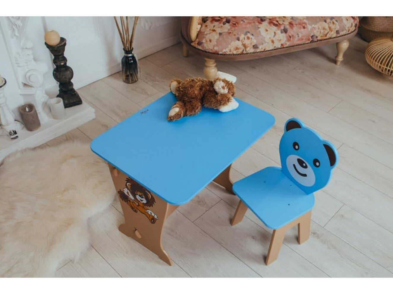 Комплект дитячий стільчик ведмежа та столик-парта з малюнком / Синій