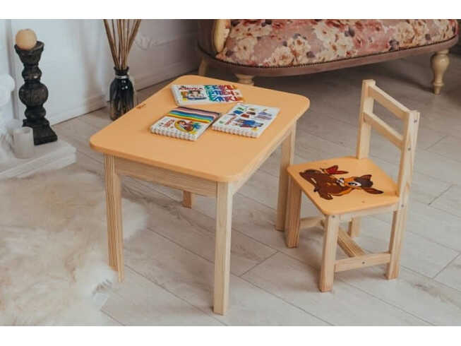 Комплект дитячий стільчик з малюнком "Бембі" та столик з ящиком / Жовтий