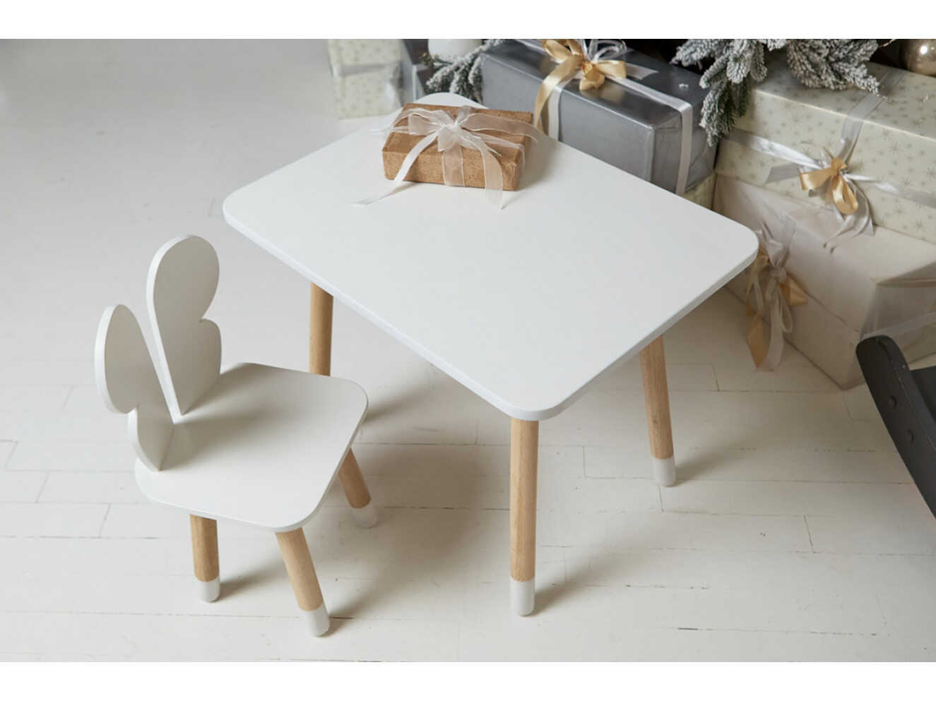 Комплект дитячий білий столик прямокутний та стільчик метелик / Білий