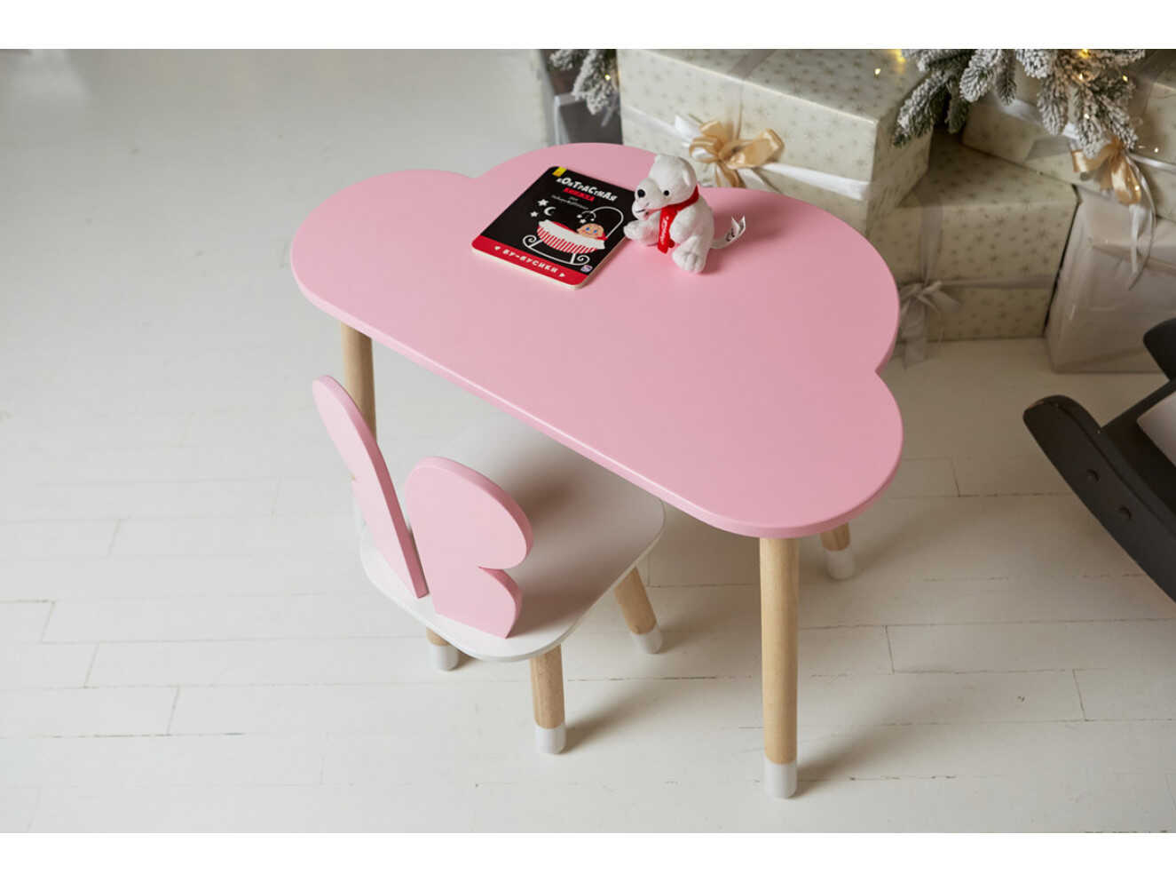Комплект дитячий столик хмарка і стільчик метелик / Рожевий
