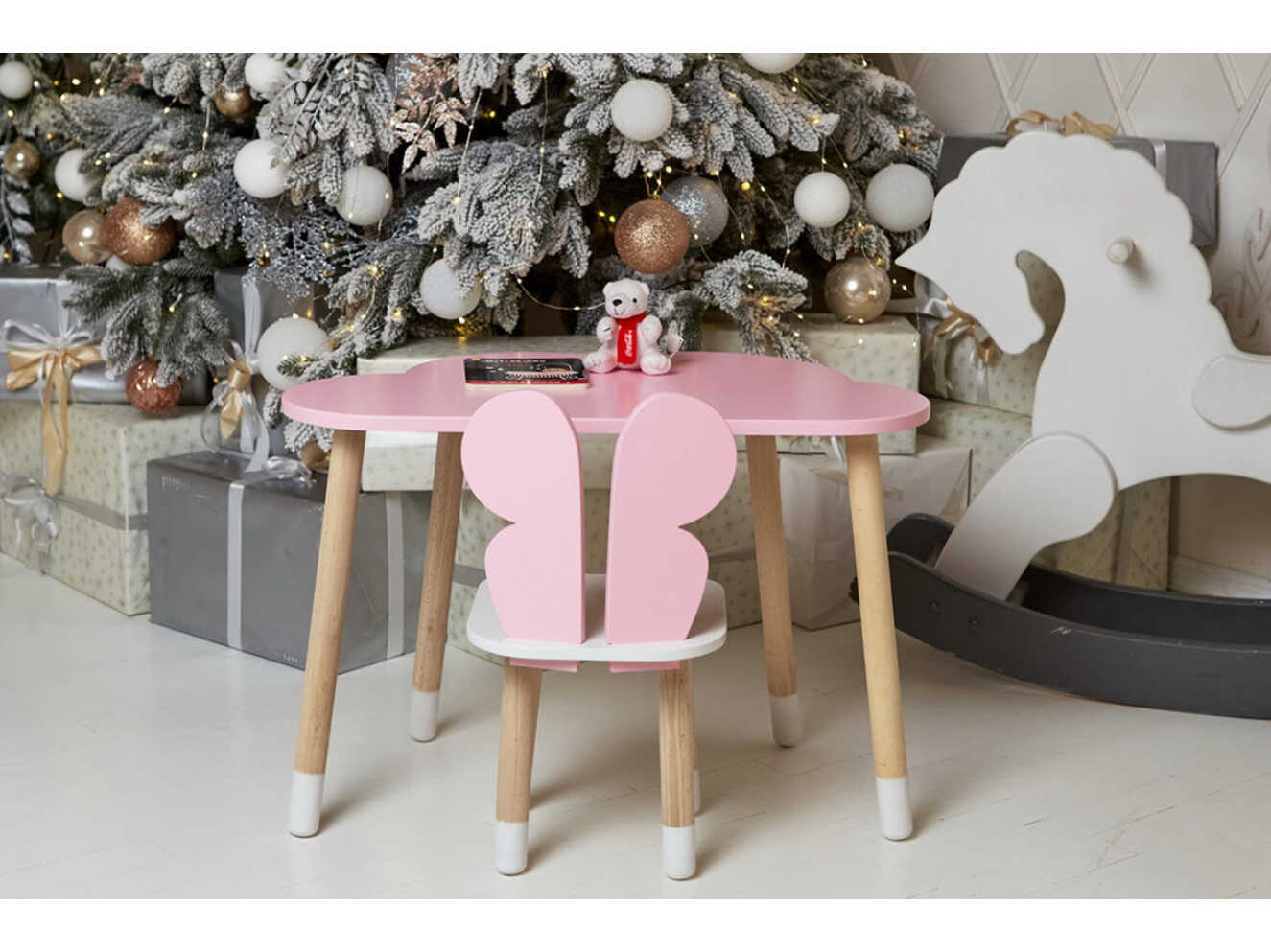 Комплект дитячий столик хмарка і стільчик метелик / Рожевий