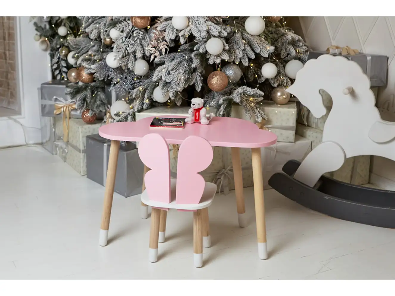 Комплект дитячий столик хмарка і стільчик метелик / Рожевий