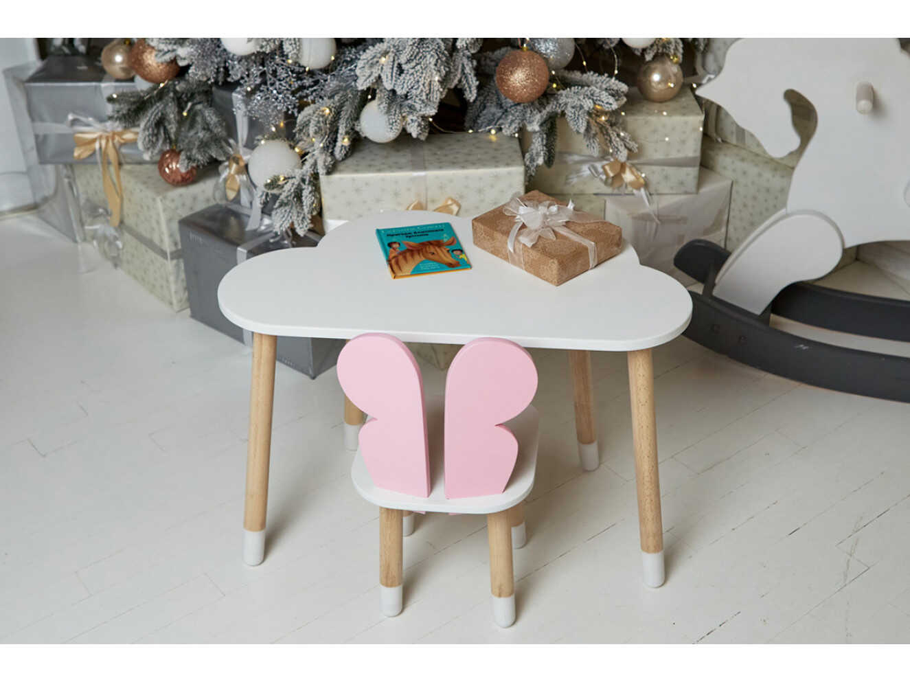 Комплект дитячий столик хмарка і стільчик метелик / Білий
