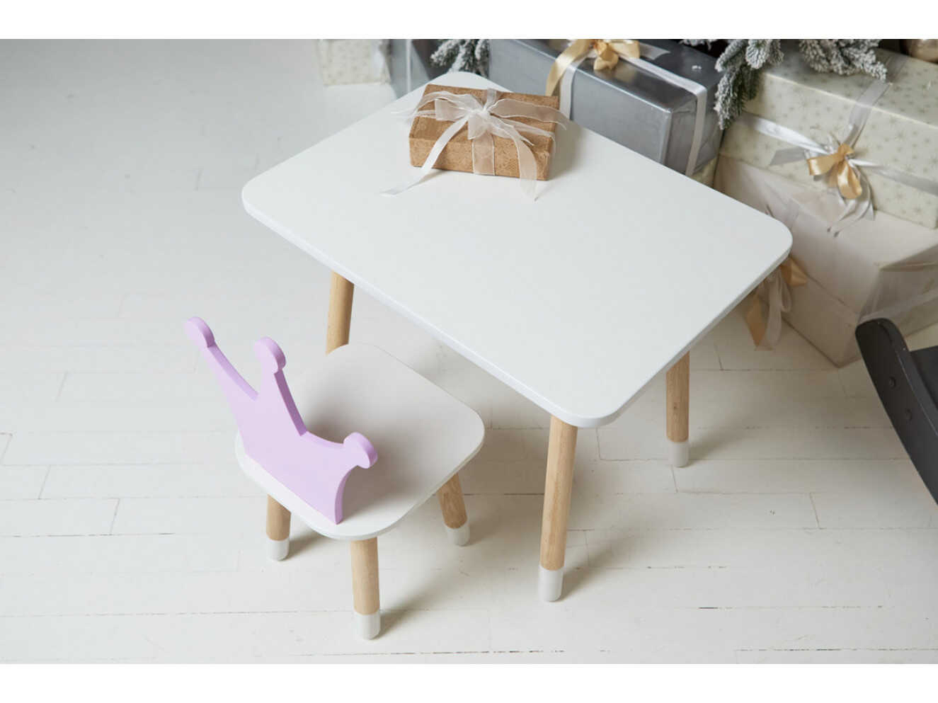 Комплект дитячий столик прямокутний та стільчик корона / Білий