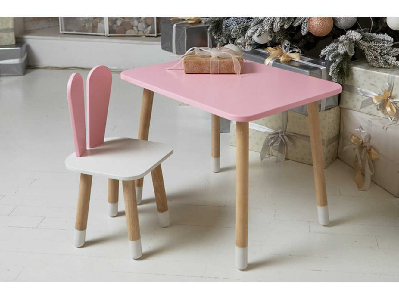 Комплект дитячий столик прямокутний та стільчик зайчик / Рожевий
