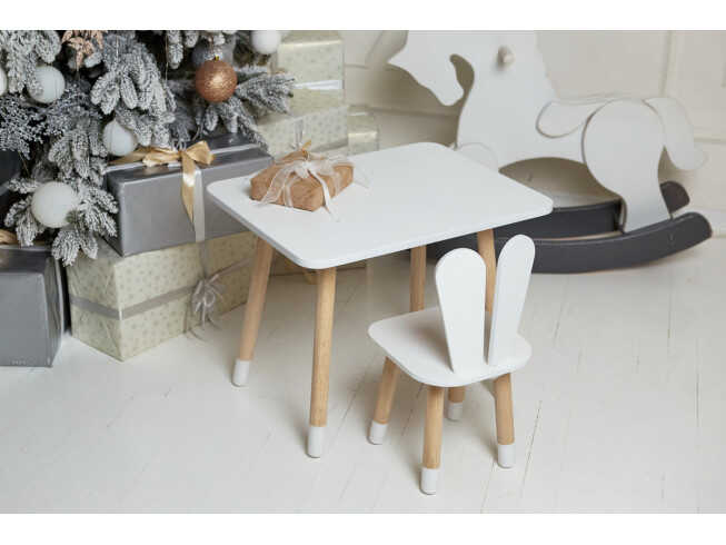 Комплект дитячий білий столик прямокутний та стільчик зайчик / Білий