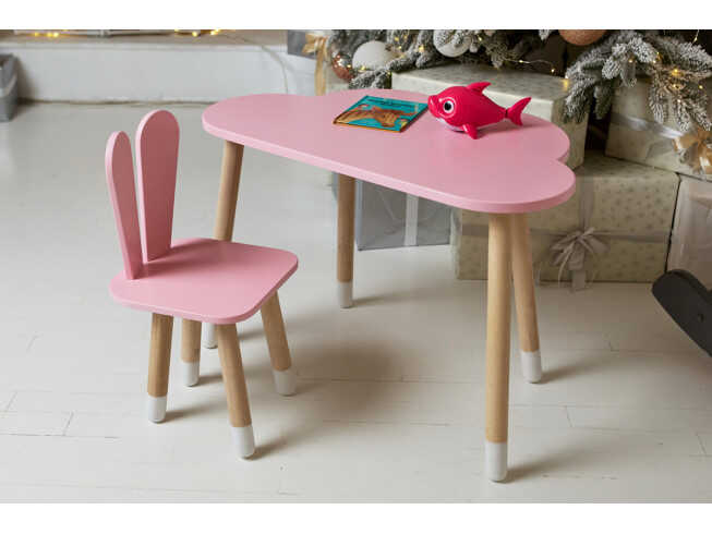 Комплект дитячий столик хмарка та стільчик зайчик / Рожевий