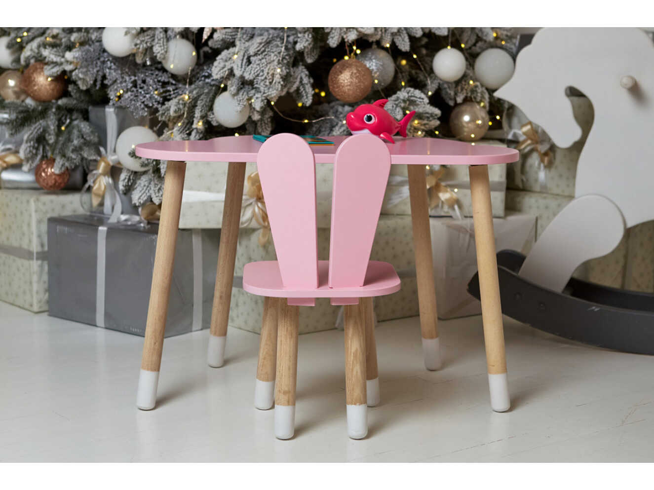 Комплект дитячий столик хмарка та стільчик зайчик / Рожевий