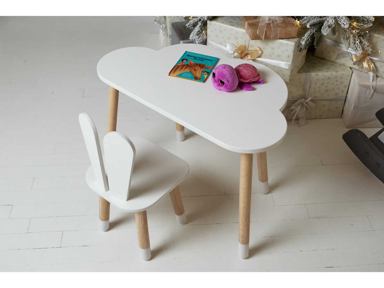 Комплект дитячий білий столик хмарка та стільчик зайчик / Білий