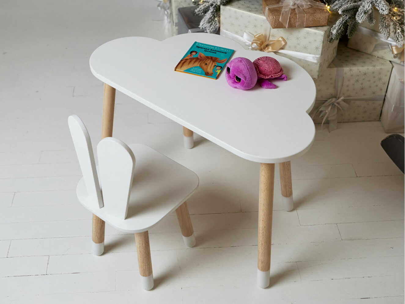 Комплект дитячий білий столик хмарка та стільчик зайчик / Білий