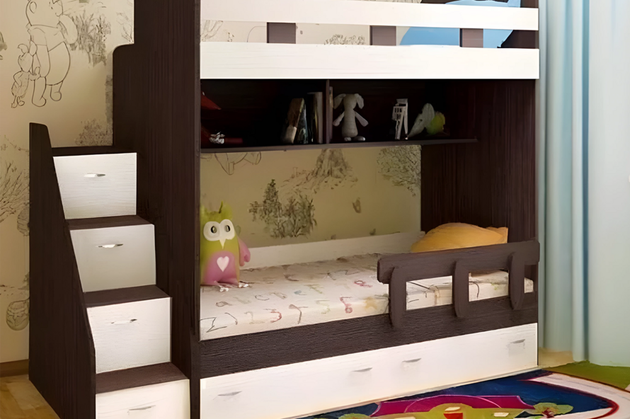 Ліжко Горище двоярусне №1 зі сходами-комод і висувними шухлядами