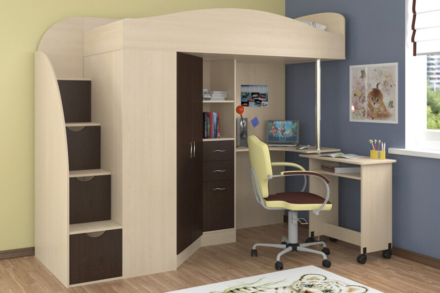 Ліжко Горище Тетяна №1 з розкладним столом і сходами-комод