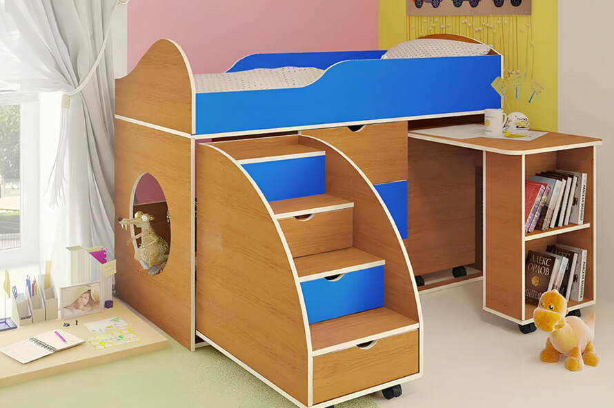 Ліжко Горище Білка з мобільним столом і сходами-комод