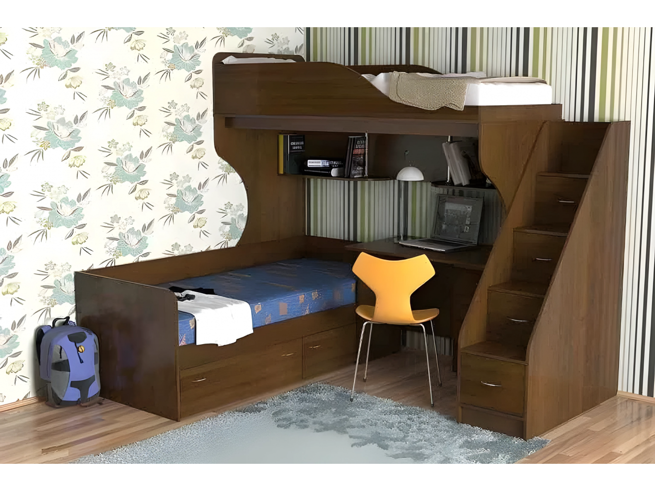 Ліжко Горище Школяр №1 для двох зі сходами-комод і мобільним столом