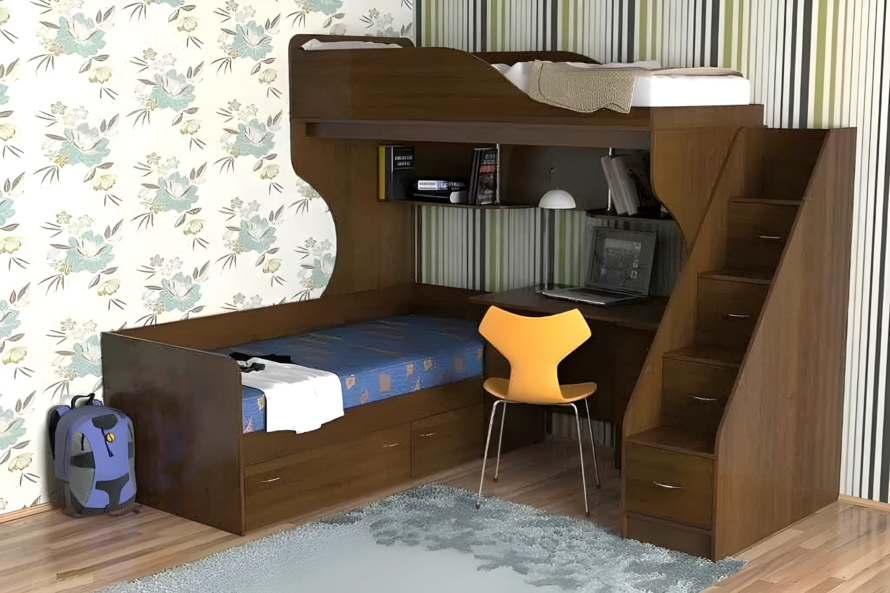 Ліжко Горище Школяр №1 для двох зі сходами-комод і мобільним столом