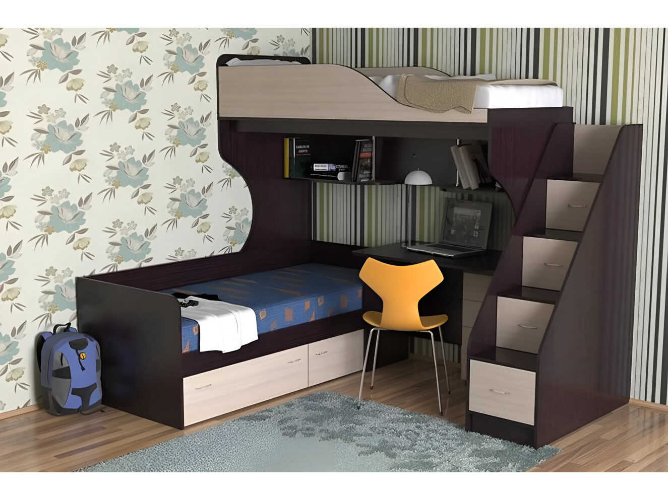 Ліжко Горище Школяр №1 для двох зі сходами-комод і мобільним столом