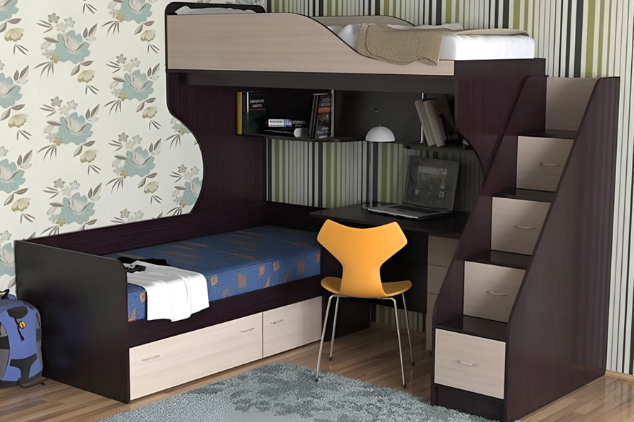Ліжко Горище Школяр №1 для двох зі сходами-комод і мобільним столом