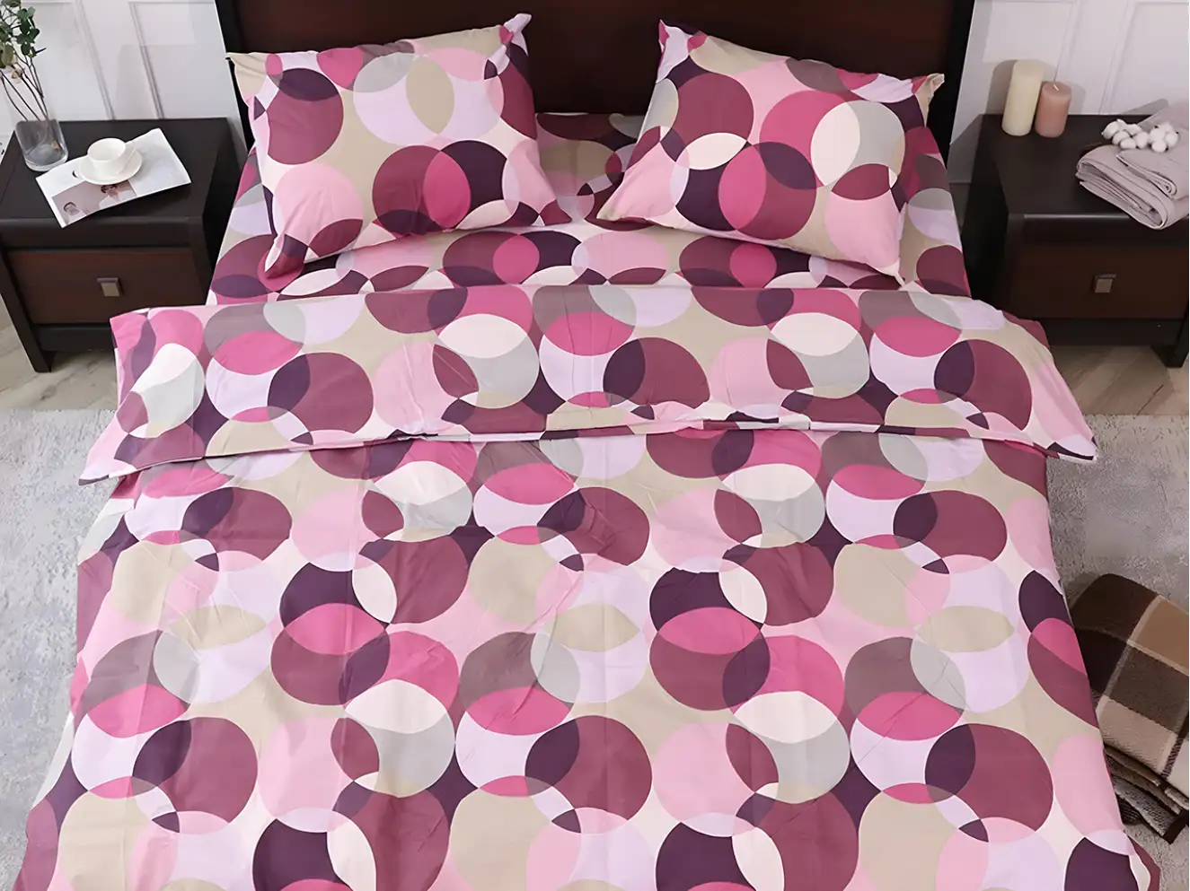 Полуторний набір постільної білизни Круги рожеві 150x220 з Бязі Gold
