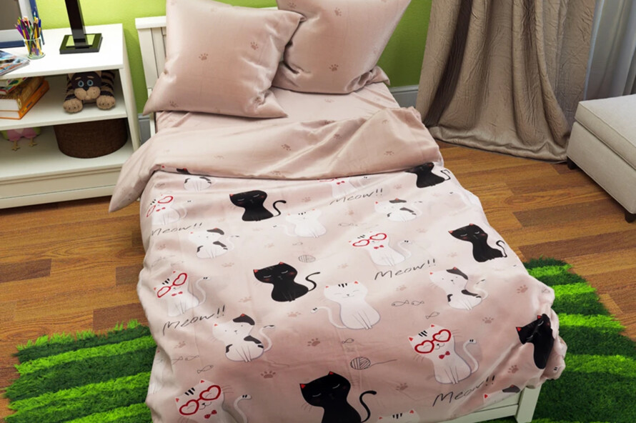 Полуторний набір постільної білизни Котик 150x220 з Бязі Gold