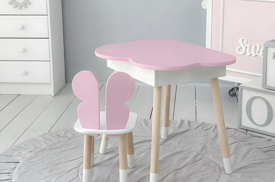 Комплект стол розовое облако с нишей и стульчик бабочка розовый 