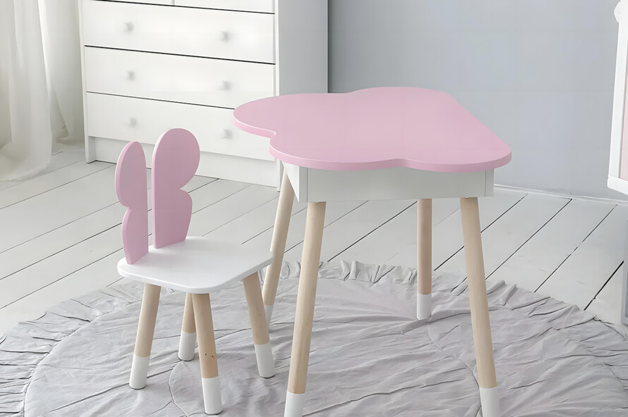 Комплект стол розовое облако с нишей и стульчик бабочка розовый 