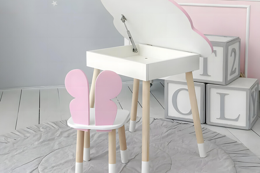 Комплект стол розовое облако с нишей и стульчик бабочка розовый 