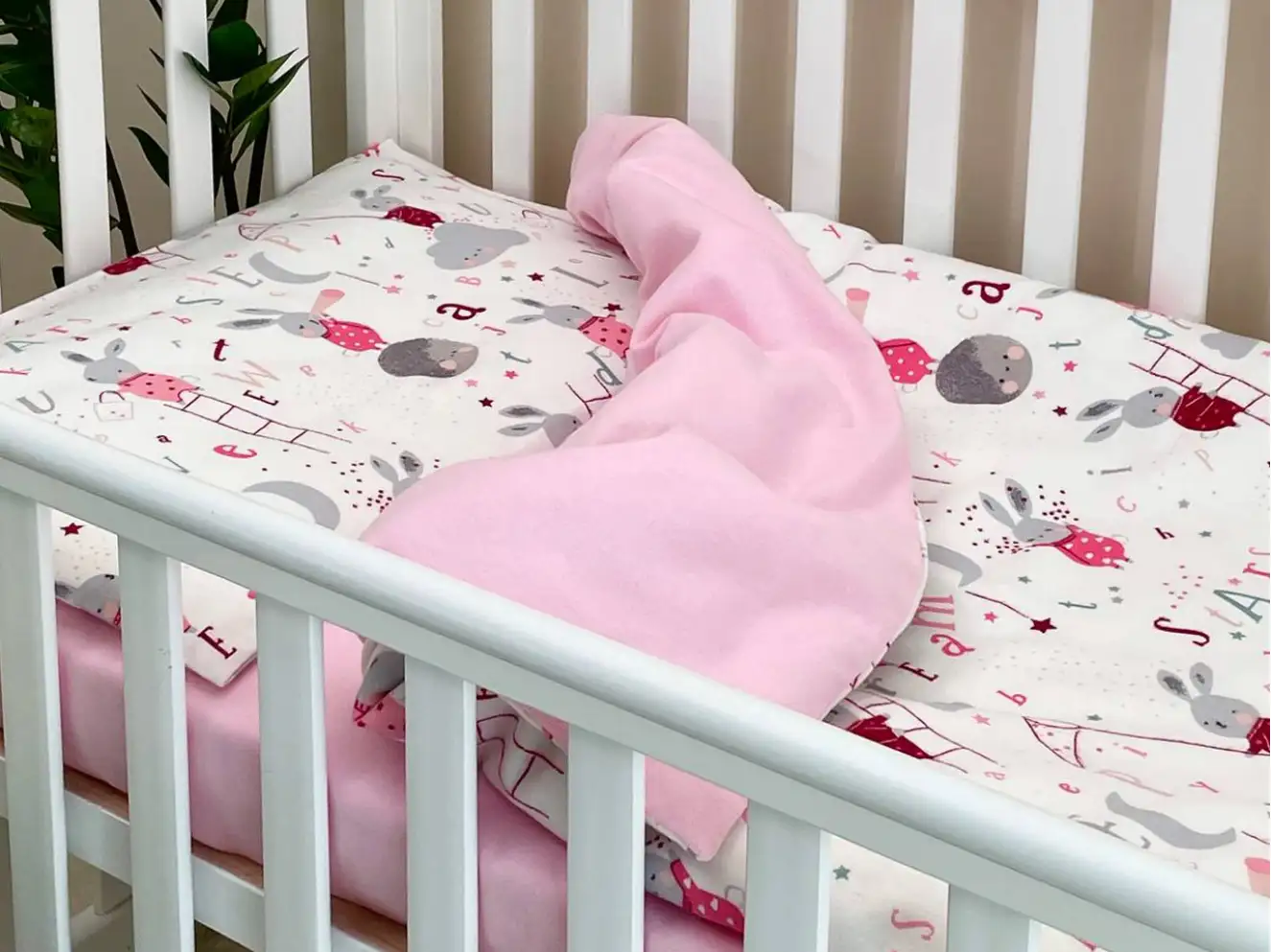 Комплект постільної білизни фланель Зайці на драбинці рожевий