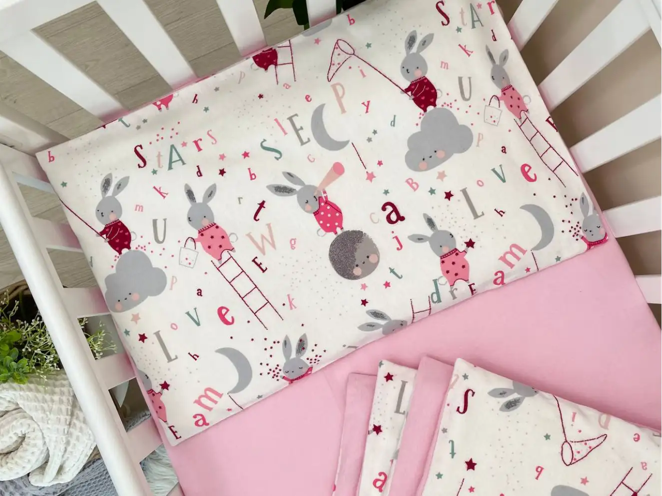 Комплект постільної білизни фланель Зайці на драбинці рожевий