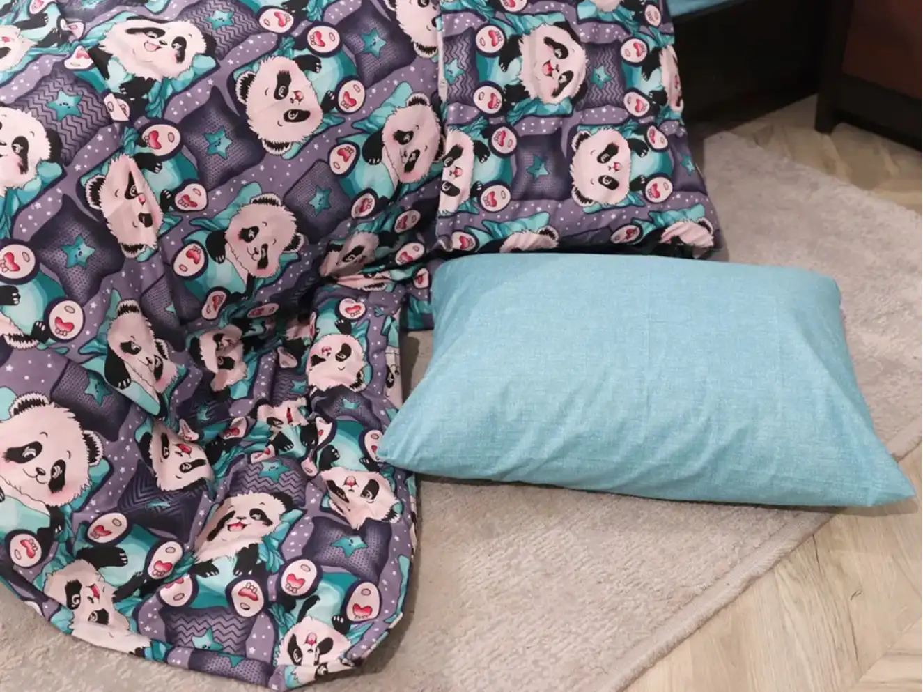 Полуторний набір постільної білизни Панди 150x220 із Бязі Gold