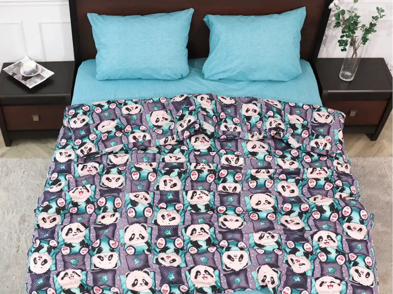 Полуторний набір постільної білизни Панди 150x220 із Бязі Gold