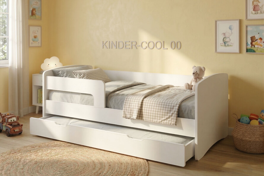Детская кровать с бортиком и выдвижным ящиком Киндер Кул белая / KINDER-COOL