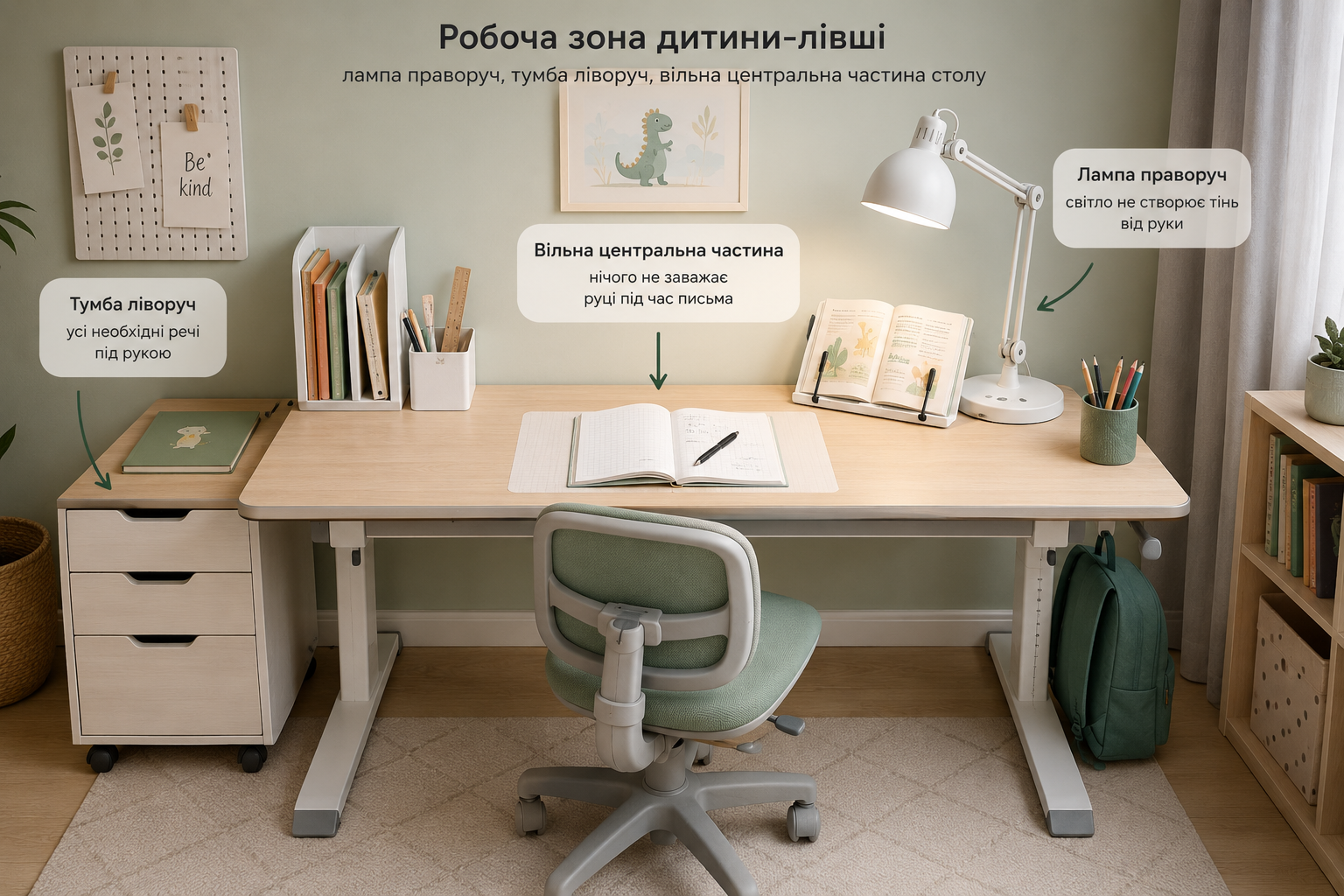 Як облаштувати робоче місце для дитини лівші — приклад дзеркального планування