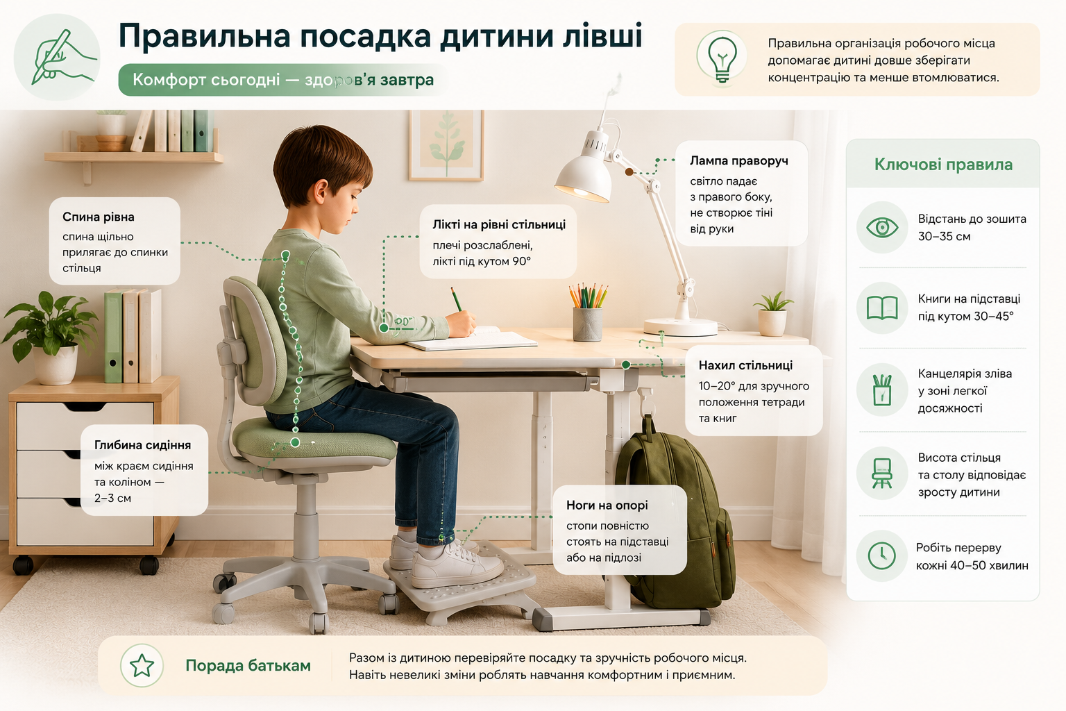 Робоче місце для дитини лівші з регульованим столом і правильним освітленням